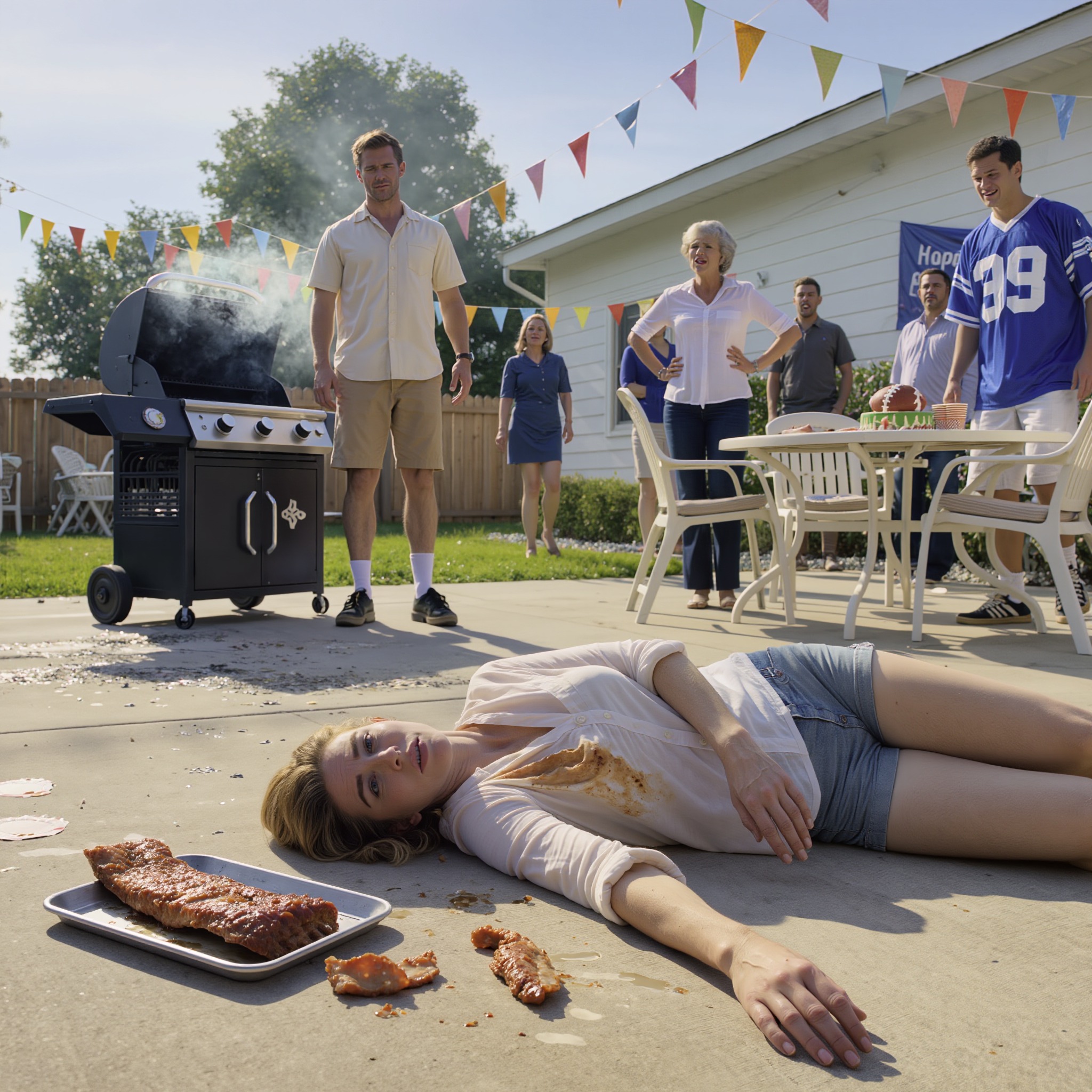 En kvinne lå frosset på varm betong i forstaden med røkt brisket sølt ved siden av seg, mens ektemannen hennes, innrammet av grillrøyk og bursdagsserpentiner, stirret ned og ba alle trekke seg tilbake—det første tegnet på at dette ikke var en medisinsk nødsituasjon for ham, men en plan som gikk utenfor manus. – Nyheter