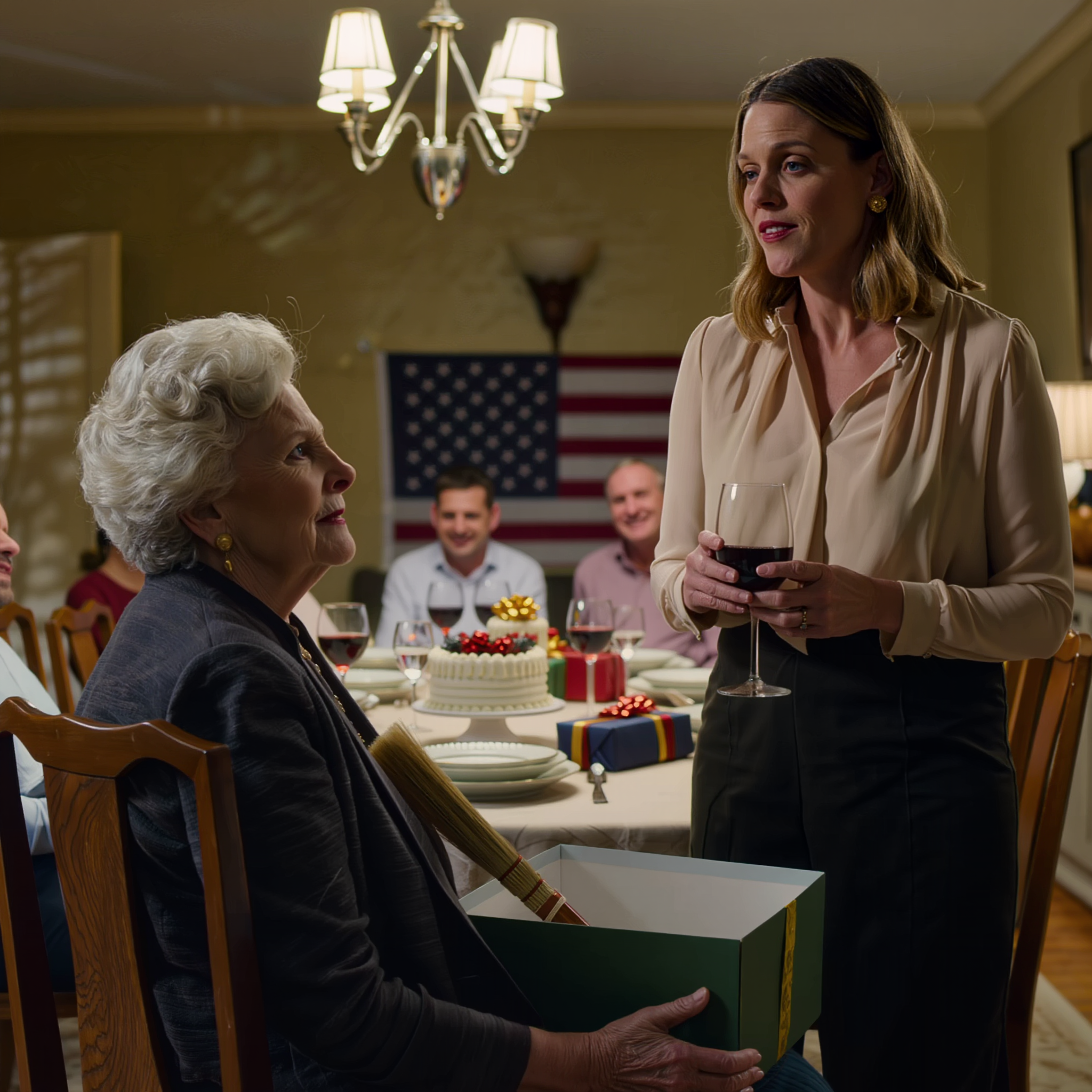 Miniäni työnsi laatikon käsiini ja virnisti: “Vain vähän lisää, niin äiti pääsee lentämään pois.” Koko ruokapöytä siinä esikaupunkitalossa purskahti nauruun, poikani painoi päänsä alas kuin ei olisi kuullut mitään, ja minä vain puristin lahjaa sylissäni ja kiitin – seuraavaan aamuun asti, jolloin jokin ulko-ovella jätti koko perheen kylmäksi – Uutiset