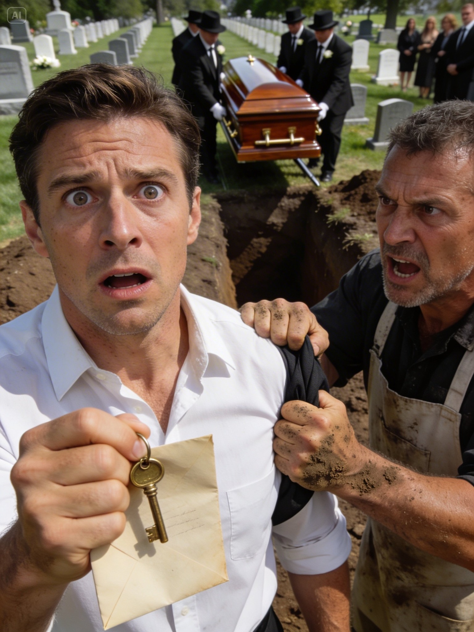 I farens begravelse tok gravgraveren meg til side: «Sir, faren din betalte meg for å begrave en tom kiste.» Jeg sa: «Slutt å tulle.» Han ga meg en nøkkel og sa hvesende: «Ikke dra hjem. Gå til enhet 17—nå.” Telefonen min vibrerte: Mamma sendte melding: «Kom hjem alene.» I enhet 17 fant jeg… – Nyheter