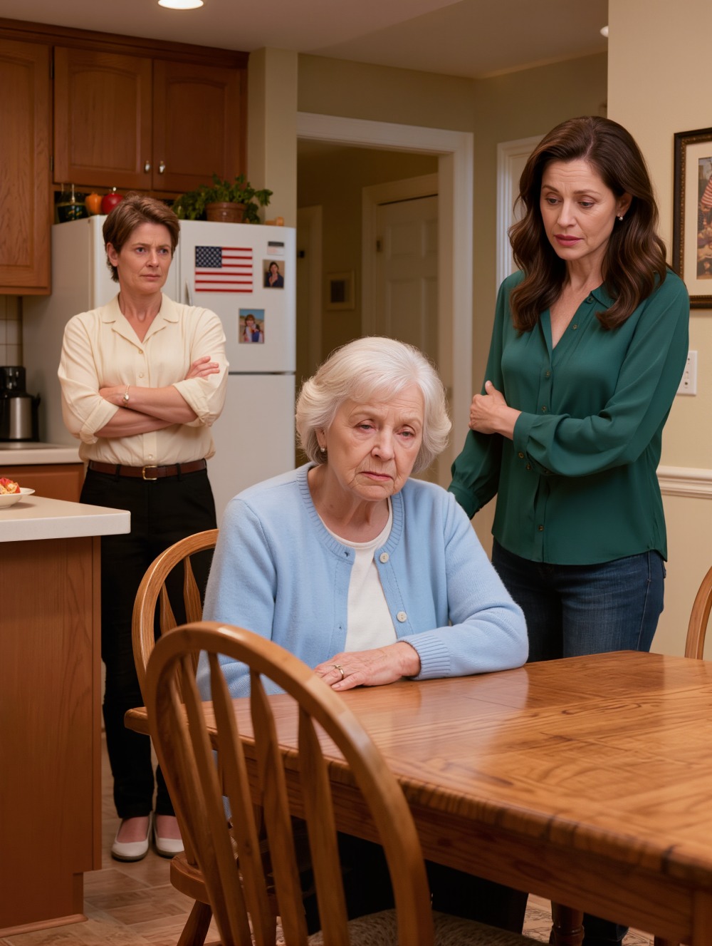 Datteren min så meg sitte i mørket og spurte mykt: ‘Mamma, hvorfor er det ingenting å spise på kjøkkenet? Du får 10 000 dollar i måneden.’ Min svigerdatter trådte ut og sa nøkternt: ‘Jeg kontrollerer hver eneste dollar hun får.’ Datteren min tok sakte av seg øredobbene, så rett på henne og sa: ‘Da opphører den kontrollen fra i dag av.’ – Nyheter