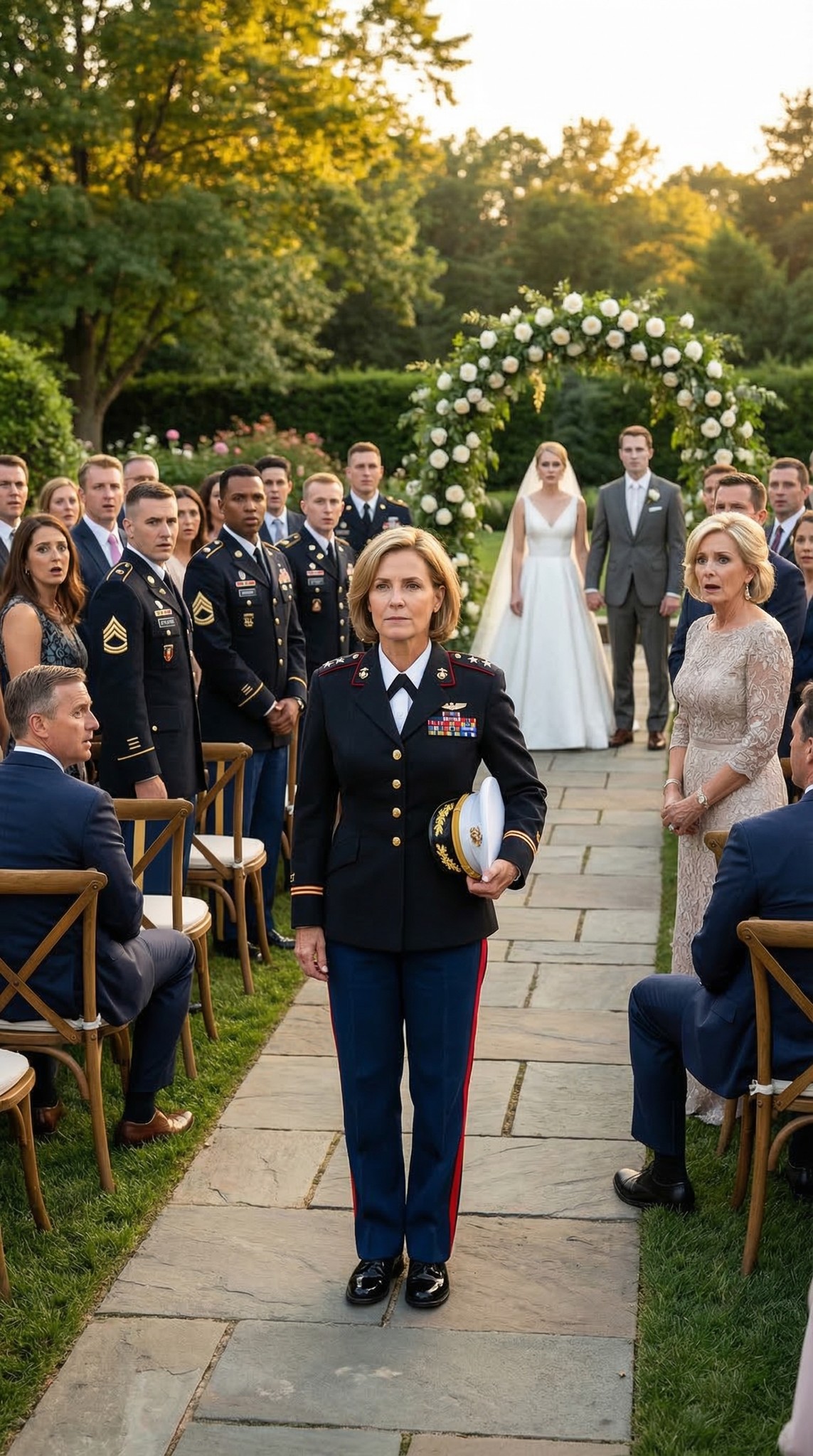 Familien min sa at jeg ikke skulle bruke uniformen i brorens bryllup. ‘Soldater er pinlige.’ Men jeg gikk inn iført full paradeuniform — to stjerner på skuldrene, offiserslue i hånden. 120 gjester snudde seg for å stirre på meg. 20 marinesoldater reiste seg: ‘General på dekk!’ ANSIKTENE DERES BLE HVITE. – Sanne historier