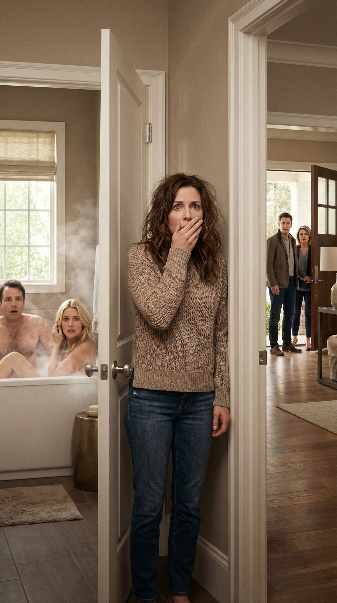 Jeg kom hjem tidlig og hørte latter fra badet mitt. Da jeg åpnet døren, var mannen min i badekaret… Med min beste venn. Jeg låste dem inne, tok telefonen min og ringte mannen hennes. ‘Du må komme hit עכשיו—med en gang.’ Minutter senere dukket han opp på døren min. Men da jeg så hvem som trådte ut ved siden av ham, stoppet hjertet mitt nesten. Det var da jeg innså at dette sviket var enda større enn jeg hadde forestilt meg… – Sanne historier