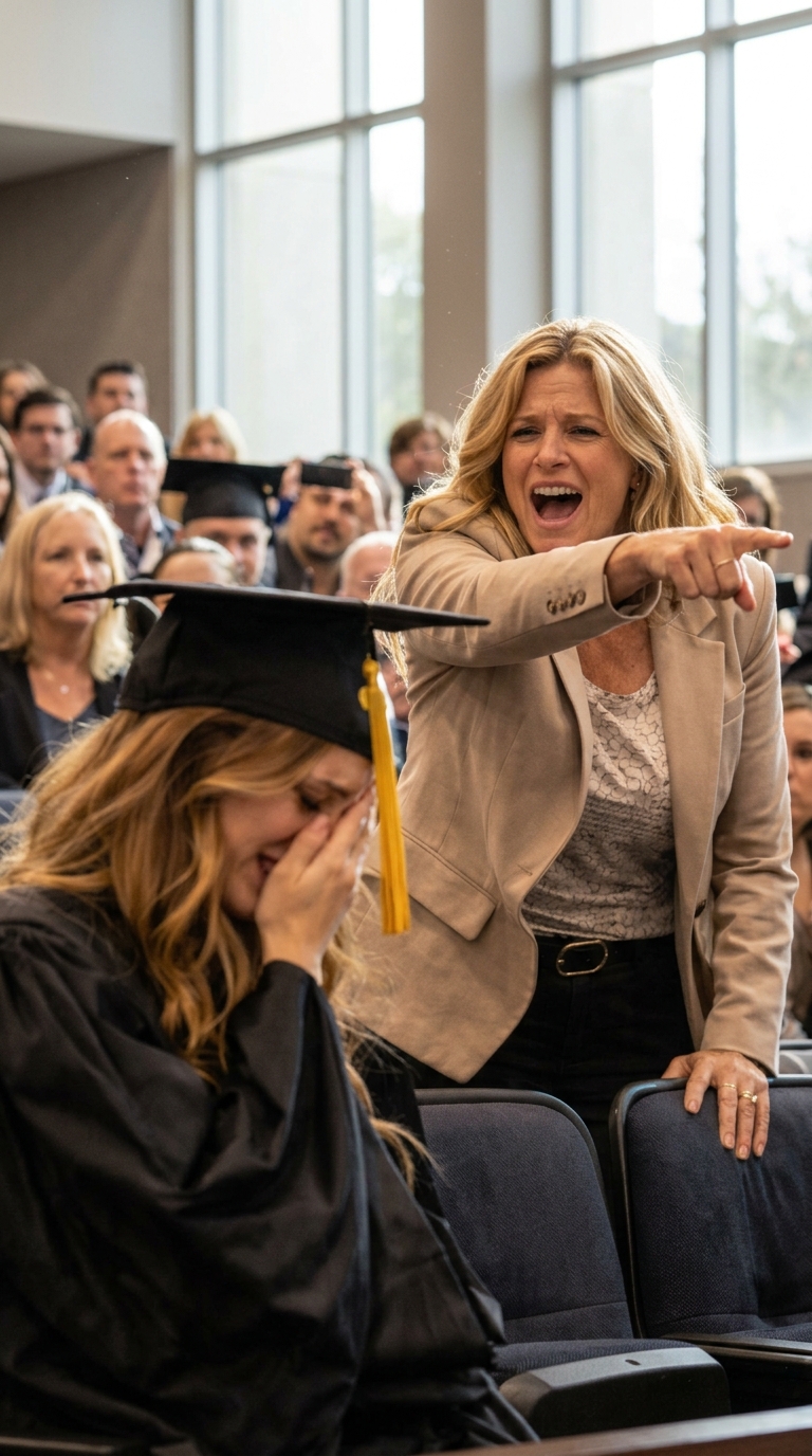 Heti kun nimeni huuettiin, tätini yritti tuhota minut tuhansien edessä: “Hänen ei pitäisi olla siellä – minulla on todisteet!” En juossut enkä väittänyt vastaan ​​– kävelin lavan poikki, otin tutkintoni vastaan ​​ja kuiskasin dekaanin korvaan. Seuraavaksi ei tapahtunut skandaali minusta… se oli koulun painajaisen alku. – Kuninkaalliset