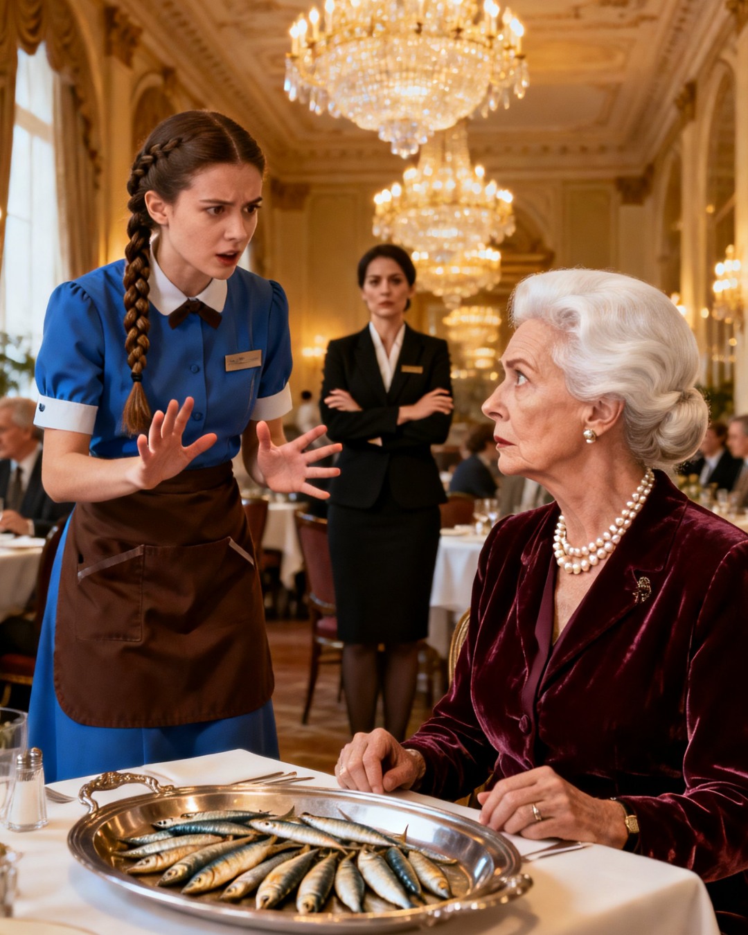 Nöyrä tarjoilija palvelee kärsivällisesti kuuroa naista tietämättään olevansa miljardöörin äiti. Muutamia minuutteja myöhemmin salaisuus paljastuu ja ravintola vaipuu tyrmistyneeseen hiljaisuuteen…