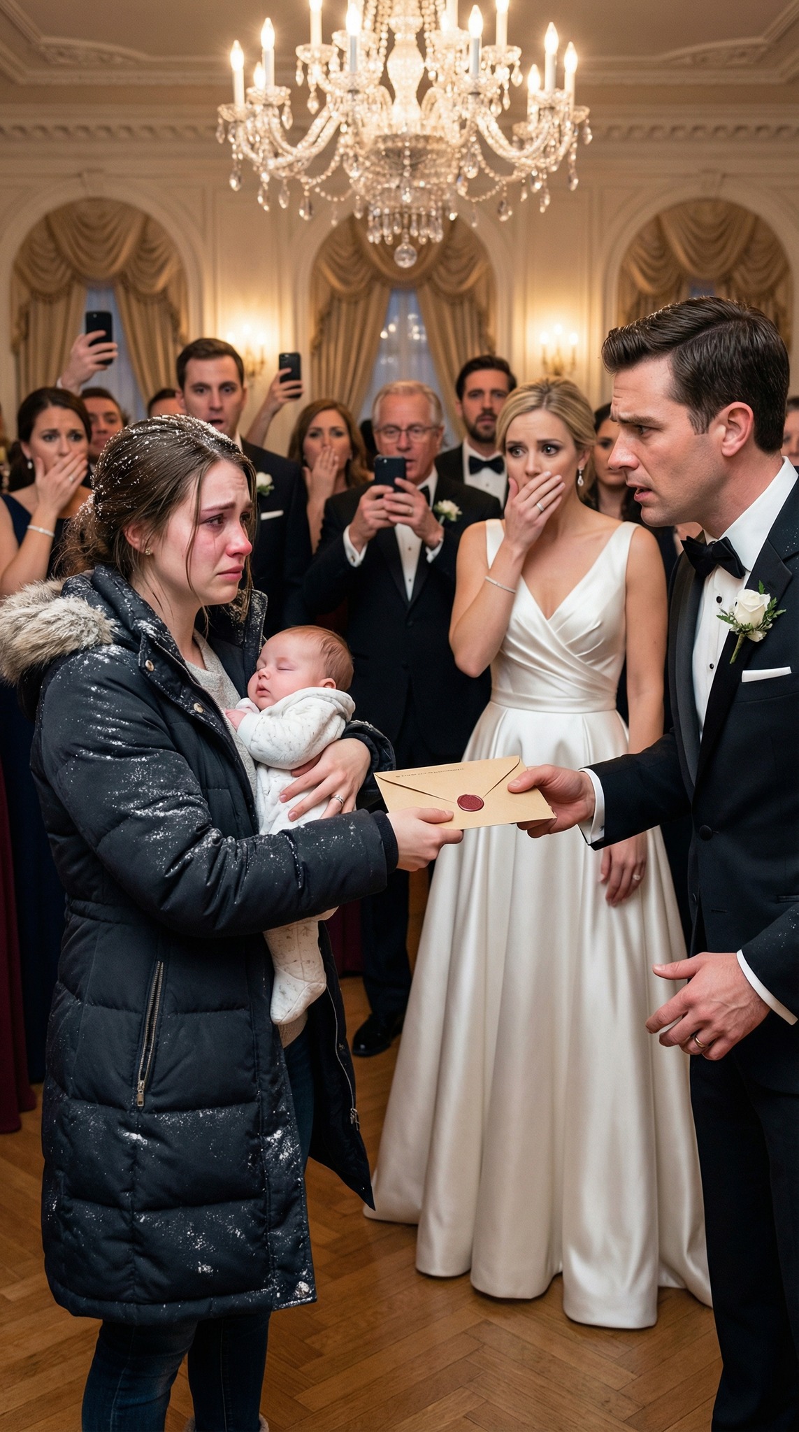 Kuusi viikkoa sen jälkeen, kun Mason työnsi minut ja vastasyntyneen vauvamme valkoiseen sängynpeitteeseen, kuulin yhä hänen viimeiset sanansa: “Sinä selviät kyllä. Sinä selviät aina.” Nyt seisoin hänen kimaltelevien häidensä takaosassa, vauvani nukkui rintaani vasten ja sinetöity kirjekuori paloi kädessäni. Kun hän huomasi minut, hänen hymynsä säröi. “Mitä sinä täällä teet?” hän sihahti. Kuiskasin: “Annan sinulle mitä unohdit… ja otan mitä varastit.” Sitten musiikki pysähtyi.