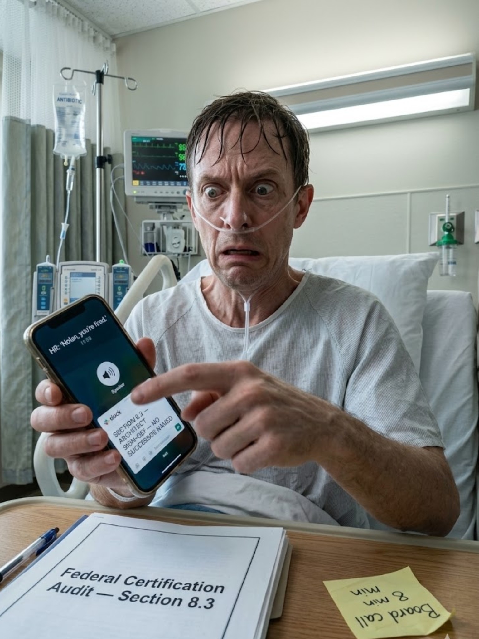 ”NOLAN, SINUT ON IRTISOITETTU.” Sanat soivat puhelimeni kaiuttimeen samalla kun makaan happihoidossa sairaalasängyssä, monitorit piippaavat vieressäni – keuhkokuume, suonensisäiset antibiootit, kolme päivää kuumeessa… ja henkilöstöhallinto lopettaa etuuteni keskiyöllä ikään kuin se olisi vain yksi tiistai. Mutta niin ei ole. Koska irtisanomiseni tapahtuu 48 tuntia ennen liittovaltion sertifiointiauditointia, jonka rakensin alusta alkaen – sen, joka pitää 62 % tuloistamme liikkeellä 4 miljardin dollarin vuotuisen maksujärjestelmän kautta. Sitten muistan tappavimman yksityiskohdan: kohdan 8.3 – arkkitehdin hyväksyntä vaaditaan… ja koska en ole koskaan maininnut seuraajaa. LAKIVIRANOMAINEN LUKEE TEKSTIVIESTINI JA HILJAISEE… HALLITUS SOITTAA MINULLE KAHDEKSAN MINUUTTIA ENNEN KUIN SÄÄNTELIJÄT TULEVAT SISÄÄN… LIVE-DEMO RAAHAUTUU, MAKSUT JÄÄTYVÄT, OSAKE ALKAA LASKEMAAN – JA SITTEN AVAAN YRITYS-SELITYKSEN JA NÄEN INSINÖÖRIN KIRJOITTAVAN YHDEN RIVIN, JOKA SAA KOKO HUONEEN PYSYMÄÄN: ”LUPAUKSEN ALLEKIRJOITTI…”