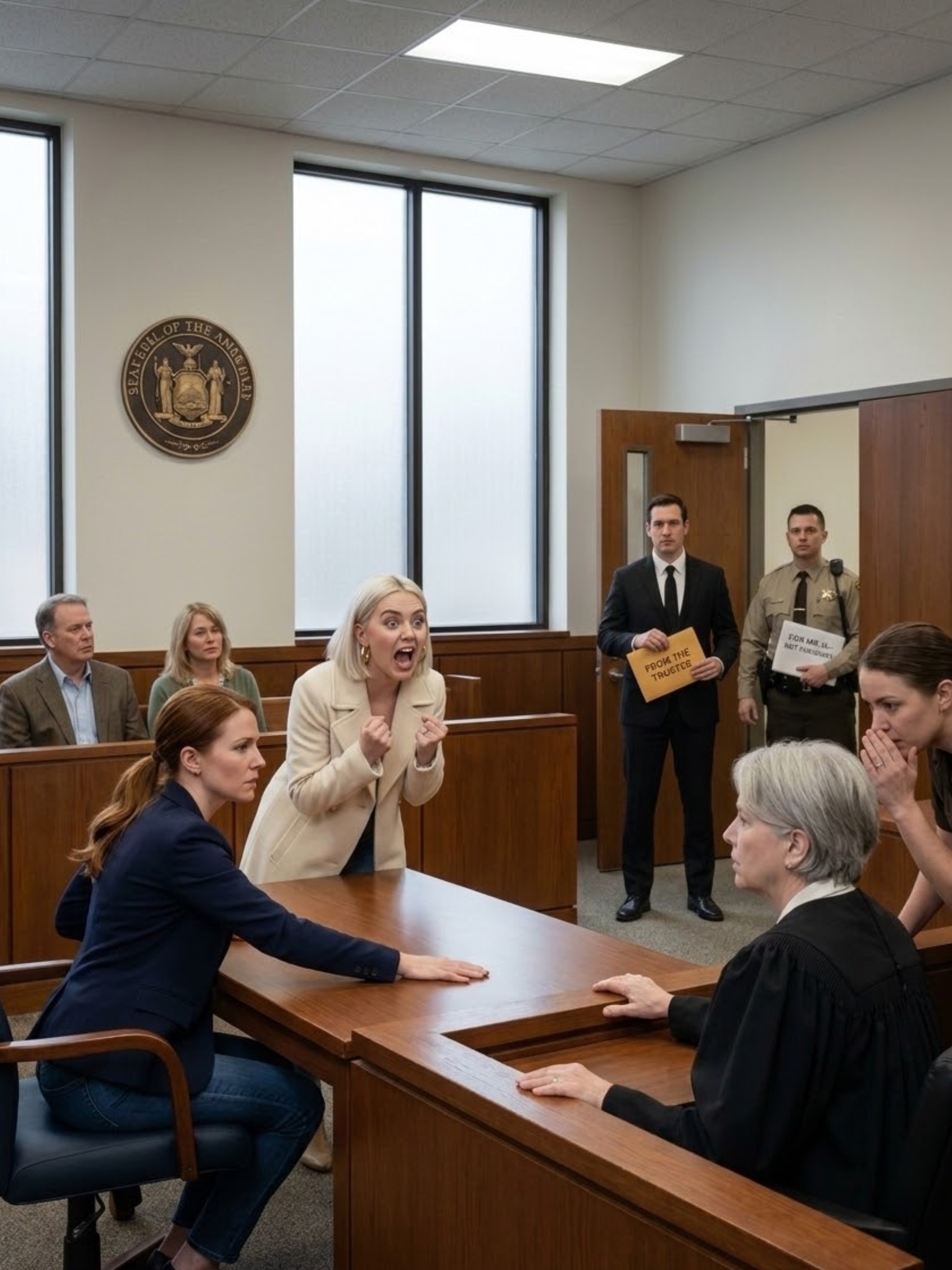 SISARENI KÄVELI PERUNOIKEUTEEN KERMANVALKOISESSA TAKISSA JA VAATII TUOMARIA SIIRTÄÄ ISOISÄMME KOKO PERINTÖN HÄNELLE SAMANA PÄIVÄNÄ – VANHEMPIENI ISTUIESSA HÄNEN TAKANAAN IHAN KUIN HE OLISIVAT HARJOITELLUT JOKAISEN NYÖKKÄYKSEN. HÄNEN ASIANAJAJANSA LIUKUTTII ESITYKSEN PÖYDÄN YLI, KUTSUEN MINUA “SOPIMATTOMAKSI”, JA KUN TUOMARI KATSOI MINUA JA KYSYI, VASTUSTANKO, EN VÄITTÄNYT – SANON VAIN: “ODOTA… KUNNES VIIMEINEN HENKILÖ SAAPUU.” HE NAUROIVAT… KUNNES OIKEUSSALIN OVET AVAUTUVAT JA YKSINKERTAISEEN MUSTAAN PUVUN PUKUUHUN PUKUNUT MIES TOIMITTAA KIRJEKUOREN “USKONNANHOITAJALTA”, JOKA SAI TUOMARIN VALHENNEAKSEEN… SITTEN SISARINI PANIIKOI JA LAUSKI YHDEN SANAN – “VANHUSTEN KOHTAUS” – JA ENNEN KUKAAN EHKÄISI HENGITTÄÄ, OUTOMISVIRANOMAINEN NOJAUTUI KUISKAAMAAN… JA UNIVERSUPUKUINEN APULAINEN ASTUI SISÄÄN ISÄNI PAPEREIDEN KANSSA, JOITA EI OLLUT TÄSTÄ OIKEUDESTA…