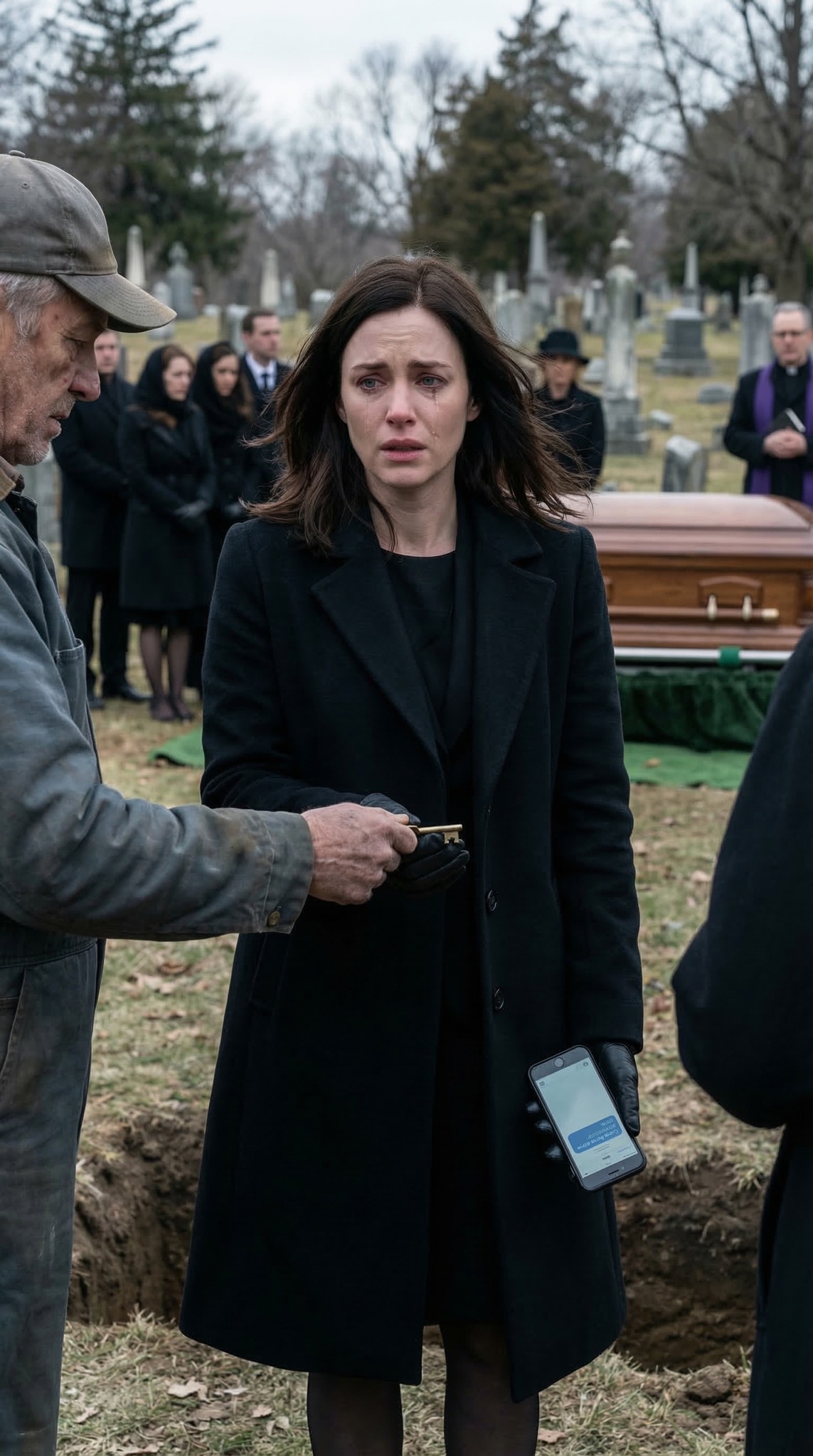 Äitini hautajaisissa haudankaivaja kutsui minut luokseen ja sanoi hiljaa: “Rouva, äitisi maksoi minulle tyhjän arkun hautaamisesta.” Vastasin: “Lopeta pelleily.” Hän asetti hiljaa avaimen käteeni ja kuiskasi: “Älä mene kotiin. Mene yksikköön 16 – heti.” Juuri sillä hetkellä puhelimeni värisi. Äidiltä ponnahti viesti: “Tule kotiin yksin.” Kun saavuin yksikköön 16, löysin… – Tositarinoita