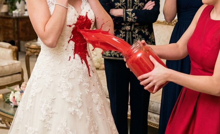 Olin vain muutaman minuutin päässä alttarille kävelemisestä, kun siskoni nosti purkin, hymyili ja kaatoi punaista öljymaalia kaikkialle hääpukuuni. Huusin: “Mitä sinä teet?” ja hän tiuskaisi: “Sinä aina varastat hohtoni!” Sitten äitini katsoi minua suoraan silmiin ja sanoi: “Hän on oikeassa.” Luulin, että se oli julmin osuus – kunnes morsiusneitoni julkaisi kaiken verkossa… ja joku odottamaton näki sen. Seuraavaksi tapahtunut muutti kaiken.