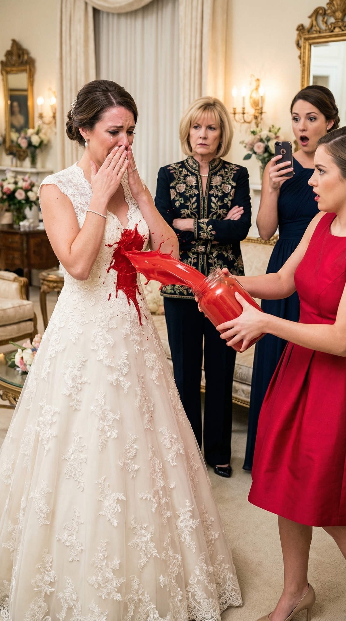 Olin vain muutaman minuutin päässä alttarille kävelemisestä, kun siskoni nosti purkin, hymyili ja kaatoi punaista öljymaalia kaikkialle hääpukuuni. Huusin: “Mitä sinä teet?” ja hän tiuskaisi: “Sinä aina varastat hohtoni!” Sitten äitini katsoi minua suoraan silmiin ja sanoi: “Hän on oikeassa.” Luulin, että se oli julmin osuus – kunnes morsiusneitoni julkaisi kaiken verkossa… ja joku odottamaton näki sen. Seuraavaksi tapahtunut muutti kaiken.