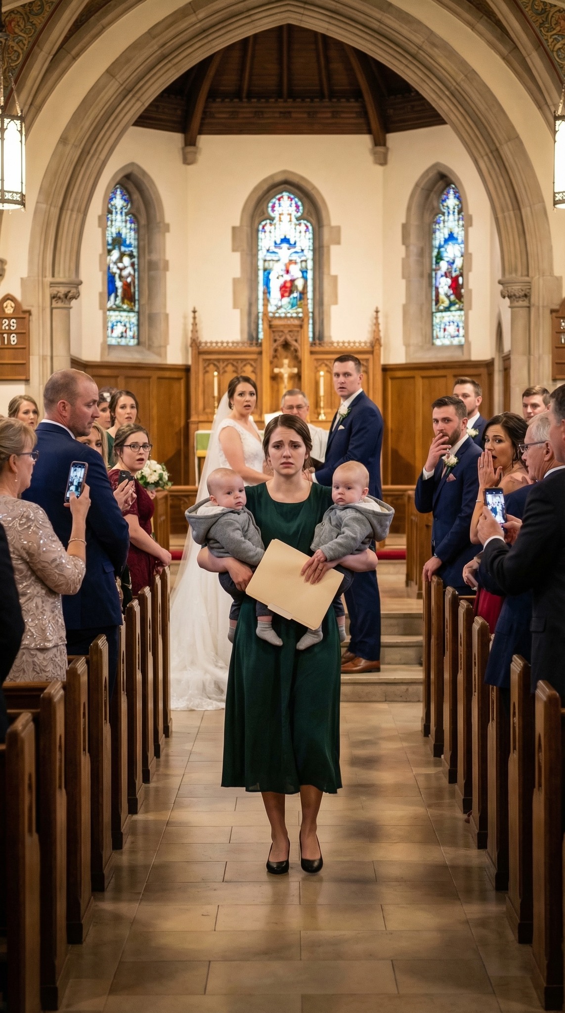 Yhdeksän kuukautta raskaana ollessani jyskytin oveen ja anelin: ”Daniel, älä… tee minulle tätä.” Hän ei edes katsonut vatsaani, ennen kuin sanoi: ”Olet taakka” ja työnsi minut lumimyrskyyn. Minun olisi pitänyt kuolla sinä yönä. Mutta vuotta myöhemmin hän oli alttarin ääressä hymyillen kuin minua ei olisi koskaan ollutkaan olemassa. Niinpä kävelin sisään kaksoset sylissäni ja kuiskasin: ”Mene vain – kerro heille, kuka todella olet.” Sitten kaikki katseet kääntyivät minuun.