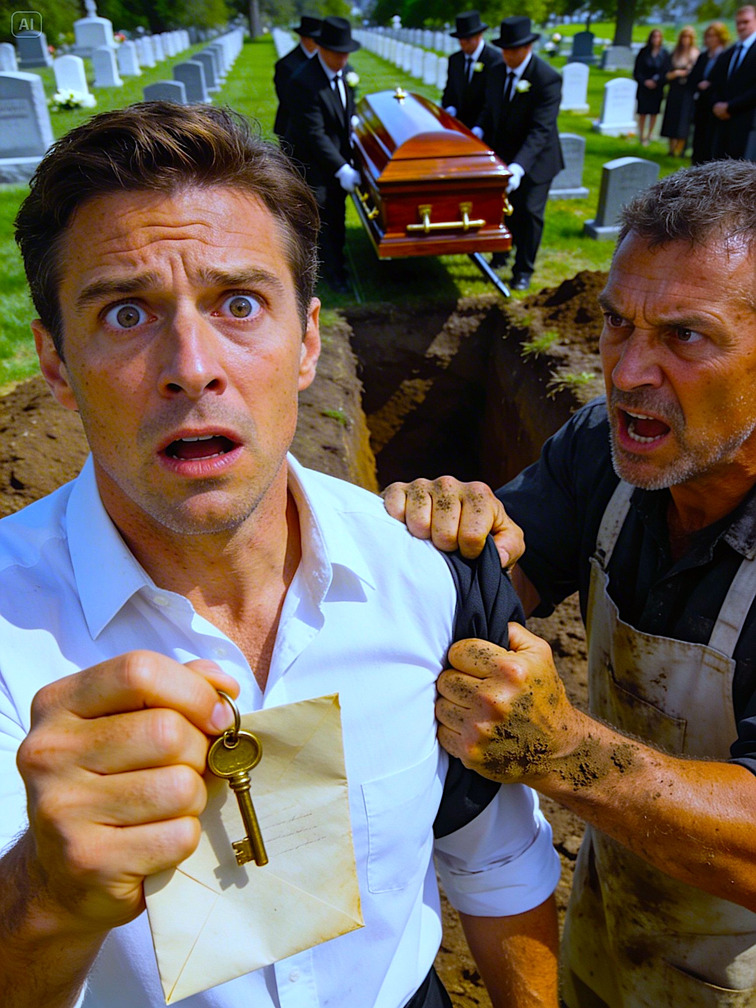 Na pogrzebie mojego ojca grabarz wziął mnie na bok: „Proszę pana, pański tata zapłacił mi za pochowanie pustej trumny”. Powiedziałem: „Przestań żartować”. Wsunął mi klucz i syknął: „Nie idź do domu. Idź do mieszkania 17 – natychmiast”. Mój telefon zawibrował: mama napisała: „Wróć sam do domu”. W mieszkaniu 17 znalazłem…