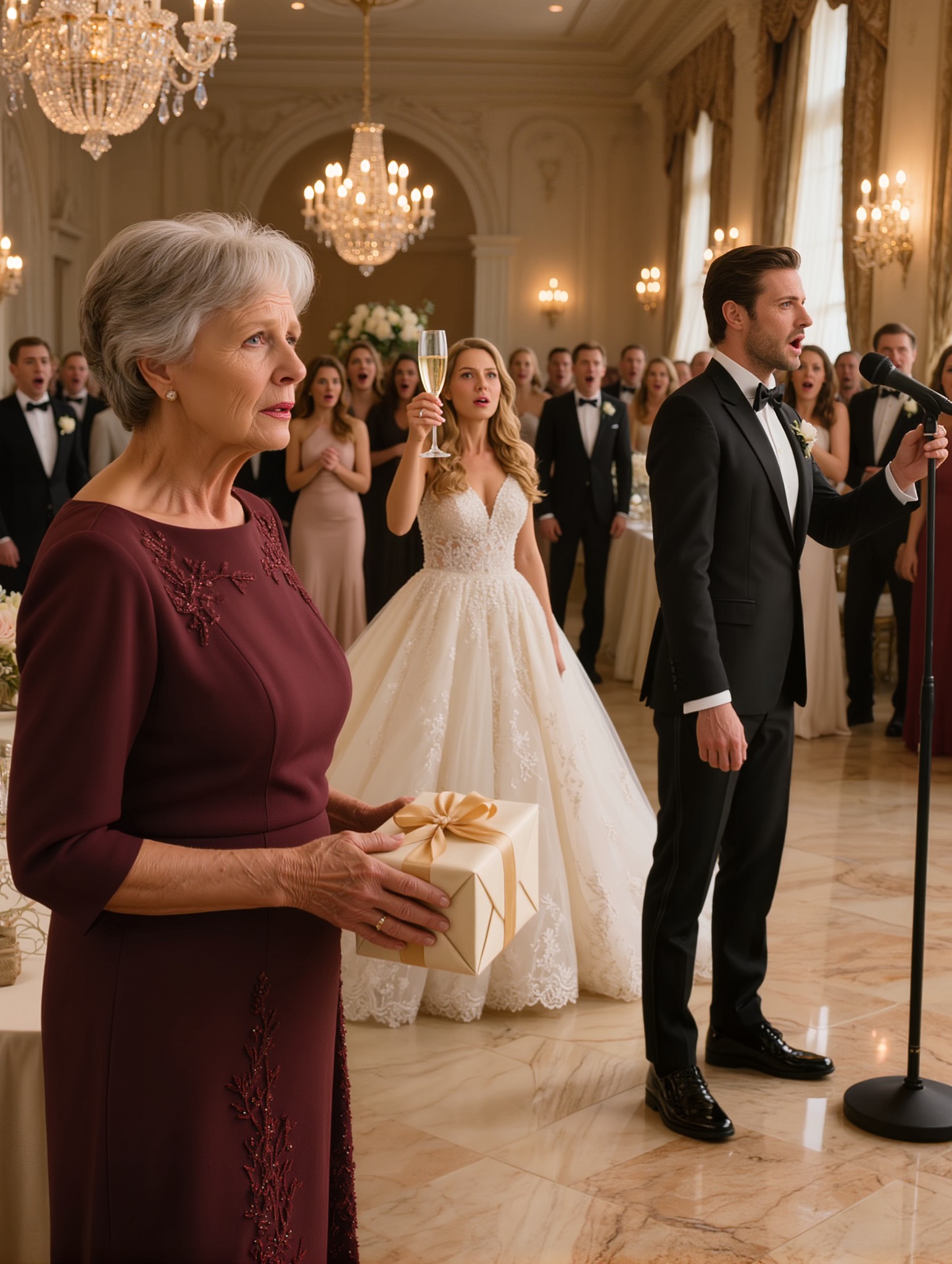 Tyttäreni häissä hän nosti samppanjalasinsa ja hymyili: “Valitsemani perheeni tekevät minut onnelliseksi.” Sitten hän katsoi suoraan minuun ja lisäsi: “Voit lähteä.” Nousin lahjani edelleen avaamattomana käsissäni, nöyryytettynä kahdensadan vieraan edessä… mutta ennen kuin ehdin astua askeltakaan, sulhanen nousi myös seisomaan, otti mikrofonin ja sanoi: “Ennen kuin hänen äitinsä lähtee, jokainen ansaitsee totuuden.” – Uutiset