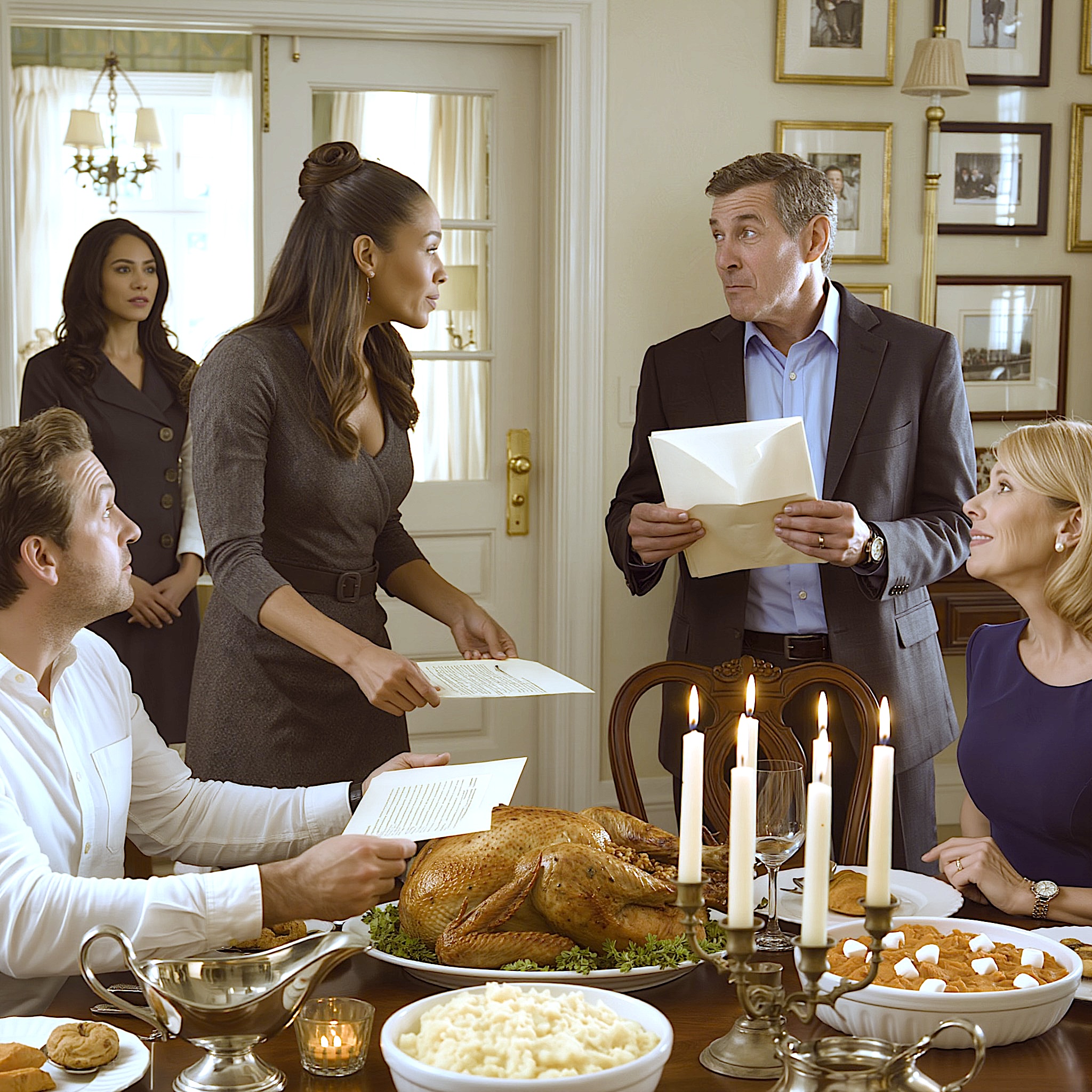 Mój tata przesunął zawiadomienie o eksmisji na mój stół podczas Święta Dziękczynienia i powiedział: „Siedem dni – twój brat potrzebuje tego domu”, ale w chwili, gdy mój sąsiad wszedł trzymając zapieczętowaną kopertę, mężczyzna, który myślał, że mnie wyrzuca, w końcu wyglądał, jakby zrozumiał, że ten dom nigdy nie będzie należał do Luke’a