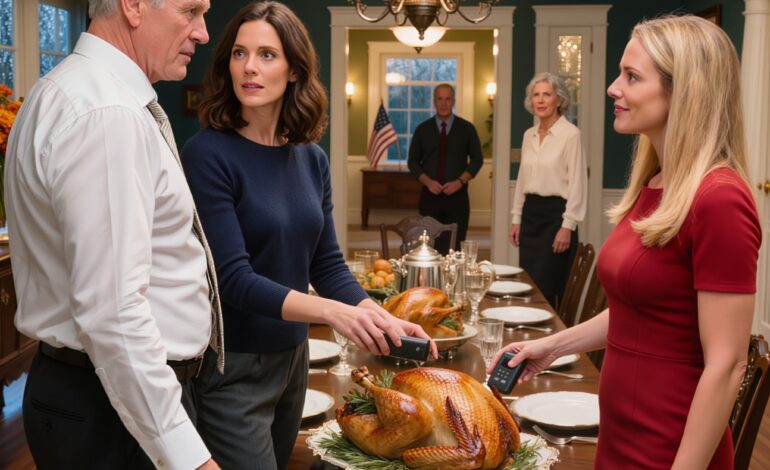 Isäni toi naisen, jota hän oli hoitanut, kiitospäivälliselle ja sanoi minulle: “Tarjoile hänelle ensin, hän odottaa.” Äitini purskahti kyyneliin. Pysyin rauhallisena ja asetin kalkkunan pöydälle. Mutta kun leikkasin sen… Vedin esiin sinetöidyn paketin, jota olin rakentanut kuukausia… KAIKKI JÄÄTYIVÄT – Uutiset