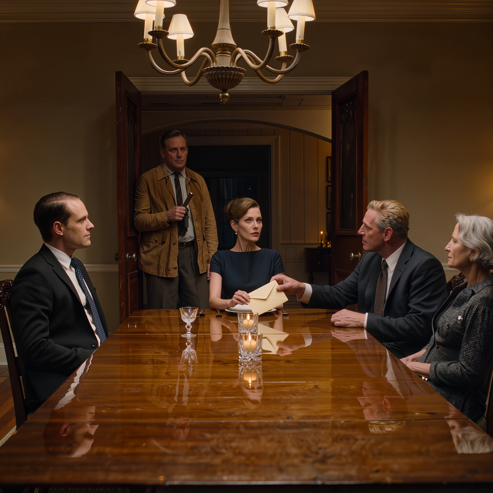 Konvolutten gled over det polerte eikebordet og stoppet rett foran meg. Robert Harpers hånd ble liggende på den et øyeblikk, som om han ville forsikre seg om at jeg forsto budskapet før jeg i det hele tatt åpnet det. Rommet var stille, altfor stille. Krystallglass, bestikk, myk jazz spilte et sted i bakgrunnen i den enorme spisesalen. Og rett overfor meg satt mannens foreldre, folk som trodde de allerede visste alt om meg. Robert lente seg tilbake i stolen.