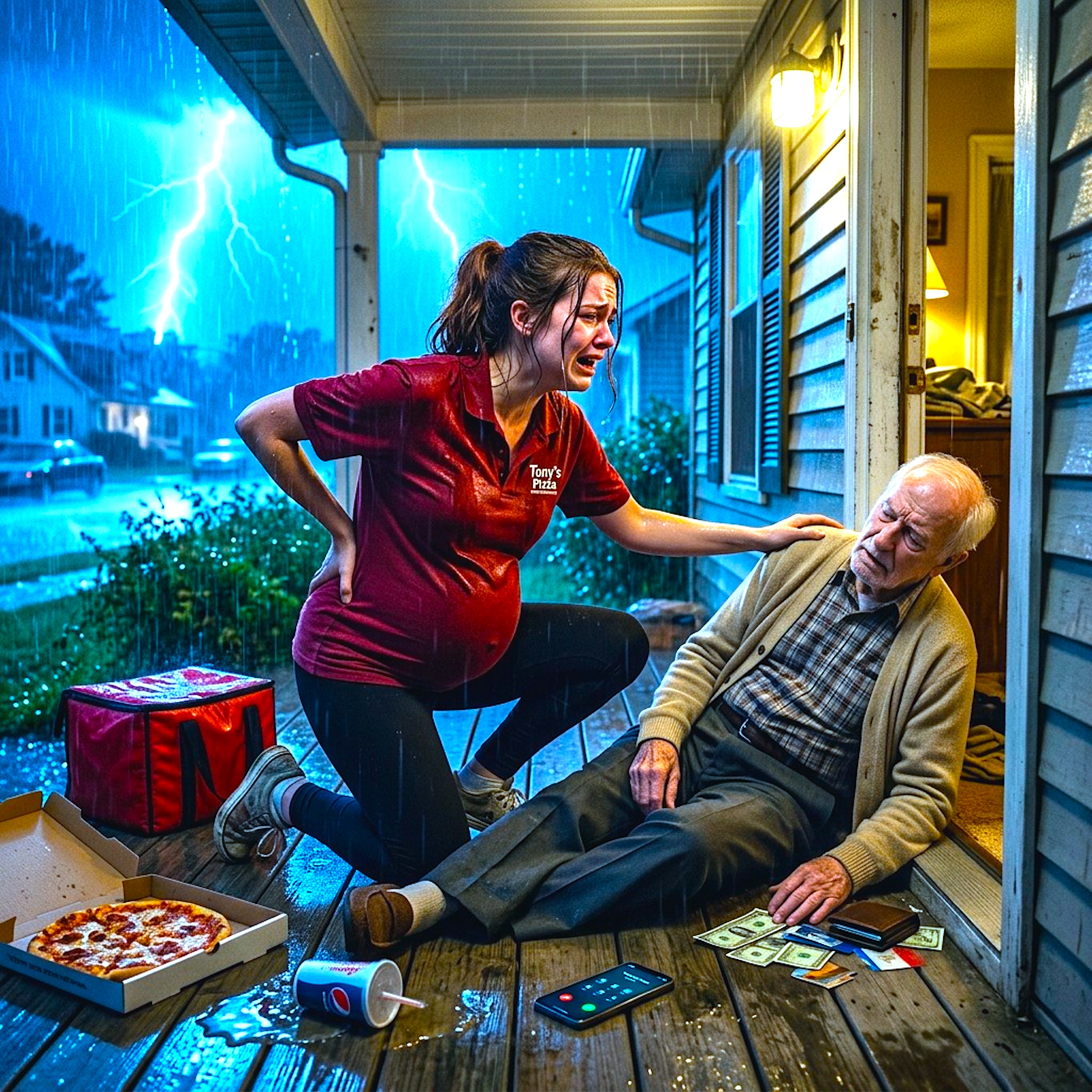 „Byłam w ósmym miesiącu ciąży, przemoczona po burzy, kiedy starszy mężczyzna upadł mi do stóp. Krzyknęłam: »Proszę, zostań ze mną!« i sama zawiozłam go do szpitala. Następnego ranka mój szef powiedział: »Proszę do mojego biura«… i całe moje życie się zmieniło”.