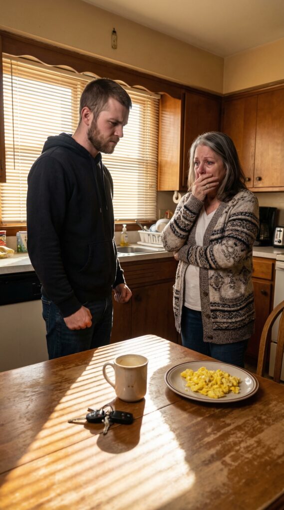 Poikani löi minua, ja minä pysyin hiljaa. Seuraavana aamuna laitoin runsaan aterian. Hän tuli alakertaan, näki pitsipöytäliinan ja keksit, hymyili ja sanoi: “Vihdoinkin, äiti, opit”, mutta hänen kasvonsa punastuivat nähdessään, kuka pöydässä istui…