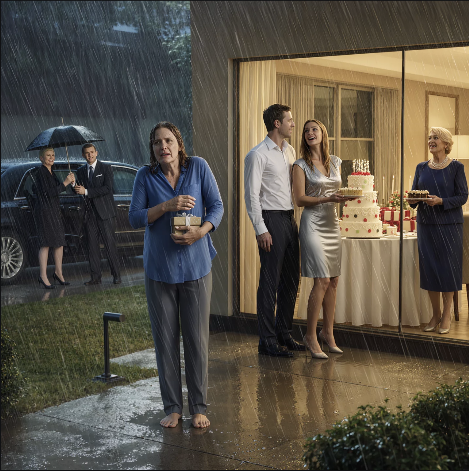 Poikani lukitsi minut ulos sateeseen voidakseen juhlia appivanhempiensa kanssa – sitten musta auto pysähtyi, äitini astui ulos, katsoi märkiä vaatteitani ja osoitti taloa: “Tuhoa.” Luulin hänen olevan vain hiljainen nainen maatilalta, mutta tapa, jolla kaksi tummiin puvuihin pukeutunutta miestä liikkui hänen takanaan, sai poikani täydelliset syntymäpäiväjuhlat tuntumaan tilinteon alulta. – Uutiset