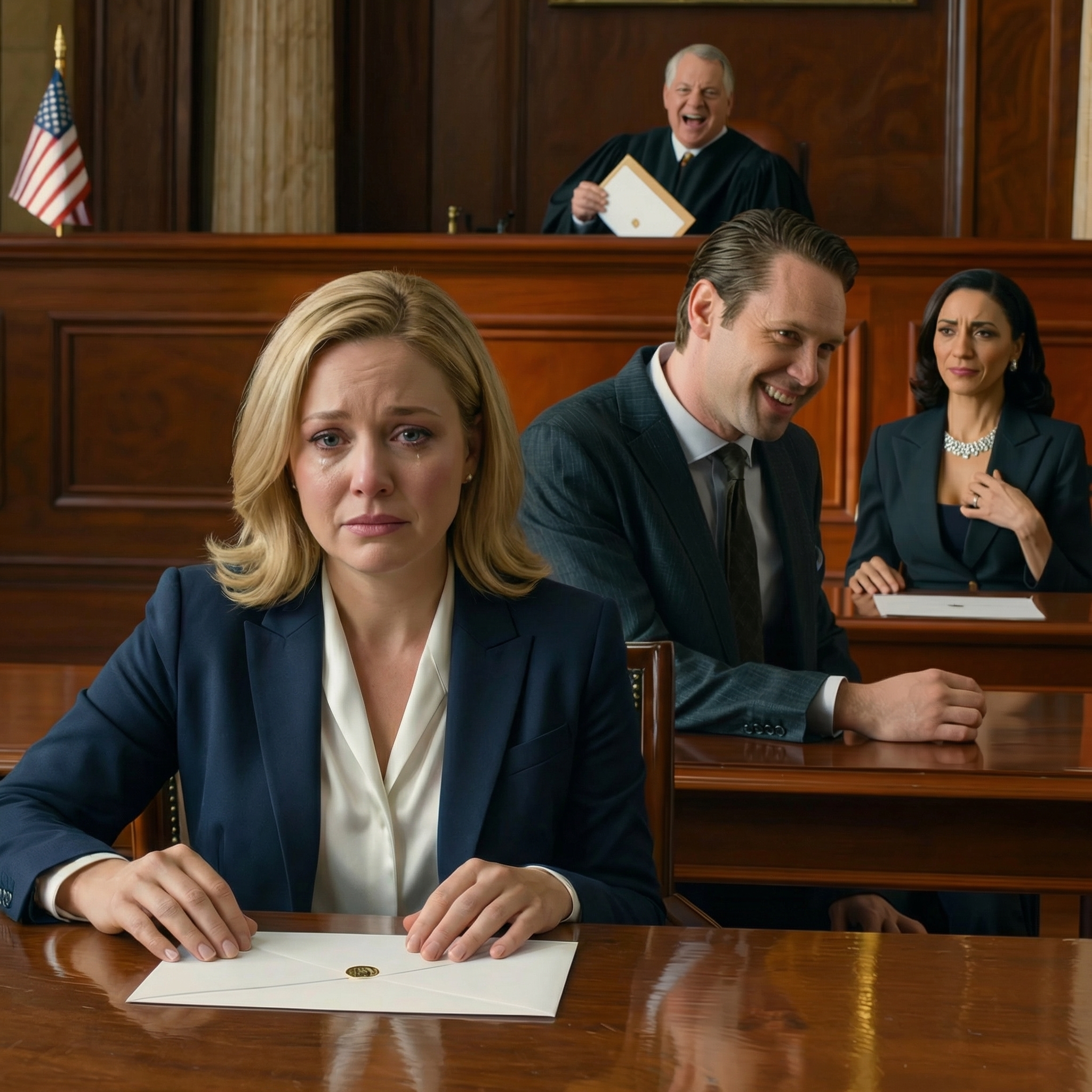 W samym środku rozprawy rozwodowej mój mąż pochylił się i szepnął: „Od teraz nawet nie myśl o dotknięciu jednego centa moich pieniędzy”, jego kochanka pogłaskała diament na szyi i obdarzyła mnie swoim litościwym uśmiechem, moja teściowa siedziała tam, jakby czekała, aż mnie wyrzucą z ich życia, aż sędzia otworzył moją kopertę, przeczytał kilka linijek i roześmiał się głośno: „To najlepsza rzecz, jaką przeczytałem od 20 lat” i wtedy ich twarze w końcu zaczęły się zmieniać.