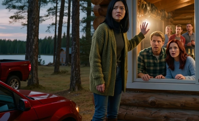 Pocałował mnie w czoło i powiedział: „Nie martw się, jeśli nie będę miał zasięgu” – więc spakowałem szarlotkę, gorącą zupę i chrupiące skrzydełka na urodzinową niespodziankę w starej chacie nad jeziorem, ale kiedy dotarłem na polanę i zobaczyłem błyszczący czerwony samochód sportowy, usłyszałem śmiech kobiet przez drzewa i odkryłem, że okna płoną jak na imprezie, moje małżeństwo przestało czuć się bezpieczne