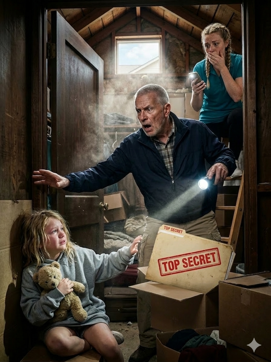 ZATRUDNIŁEM SPRZĄTACZKĘ DO DOMU MOJEGO SYNA, PODCZAS GDY ON I JEGO ŻONA, INFLUENCERKA, BYLI NA WAKACJACH NA HAWAJACH — GODZINĘ PÓŹNIEJ WYSZEPTAŁA: „PANIE… KTOŚ PŁACZE NA STRYCHU, I TO NIE TELEWIZOR”. JESTEM EMERYTOWANYM PRACOWNIKIEM SOCJALNYM, WIĘC JECHAŁEM, JAKBY OD TEGO ZALEŻAŁO MOJE ŻYCIE, SPODZIEWAJĄC SIĘ WŁAMANIA LUB PĘKNIĘCIA RURY… ALE DŹWIĘK BYŁ CICHE, TRZĘTLIWE I LUDZKIE. KIEDY ZWRÓCIŁEM DRABINĘ ZE STRYCHU, W DOMU ZAPAŁ ZUPEŁNIE CISZA — DOPÓKI ZNÓW NIE ROZPOCZĄŁ SIĘ SZLACH Z DREWNIANEJ SZAFY W KĄCIE. OTWORZYŁEM DRZWI… I MAŁA DZIEWCZYNKA SPOJRZAŁA NA MNIE I SZEPNĄŁA: „PROSZĘ… NIE MÓW DENNISOWI”.