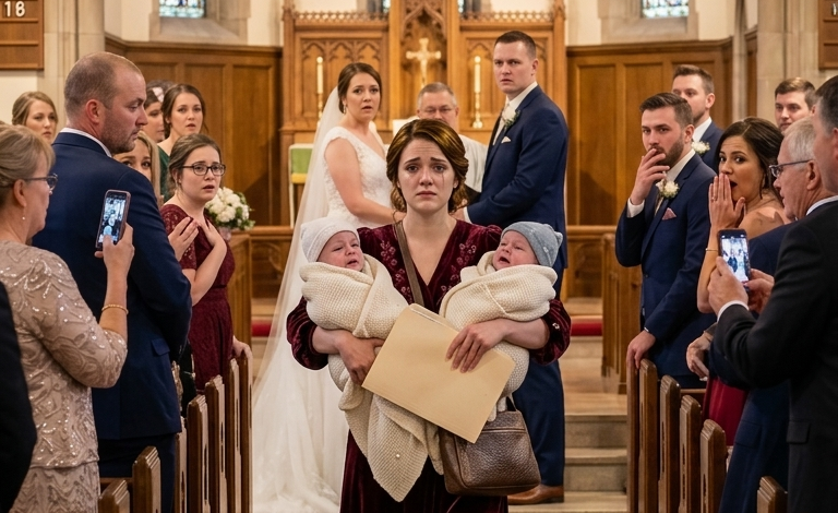 W dziewiątym miesiącu ciąży waliłam w drzwi, błagając: „Danielu, proszę… nie rób mi tego”. Nawet nie spojrzał na mój brzuch, zanim powiedział: „Jesteś ciężarem” i wepchnął mnie w zamieć. Powinnam była umrzeć tamtej nocy. Ale rok później stał przy ołtarzu, uśmiechając się, jakbym nigdy nie istniała. Weszłam więc z naszymi bliźniakami na rękach i wyszeptałam: „No dalej – powiedz im, kim naprawdę jesteś”. Wtedy wszystkie oczy zwróciły się na mnie.