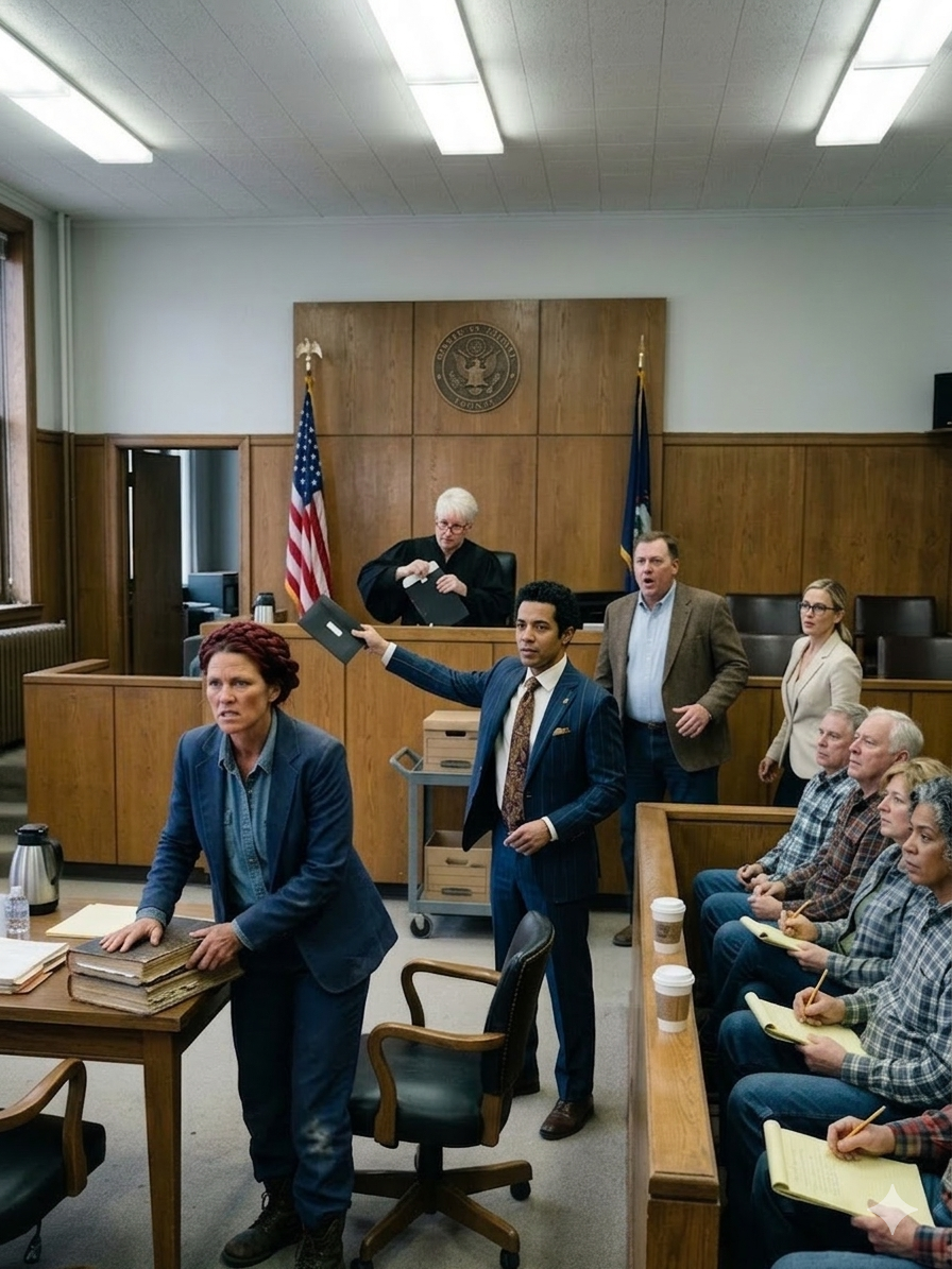 Biorę łyk wody z plastikowego kubka stojącego przede mną – metalicznej, letniej, o smaku starych rur i kurzu z sądu – i bezszelestnie odstawiam go na drewnianą poręcz.