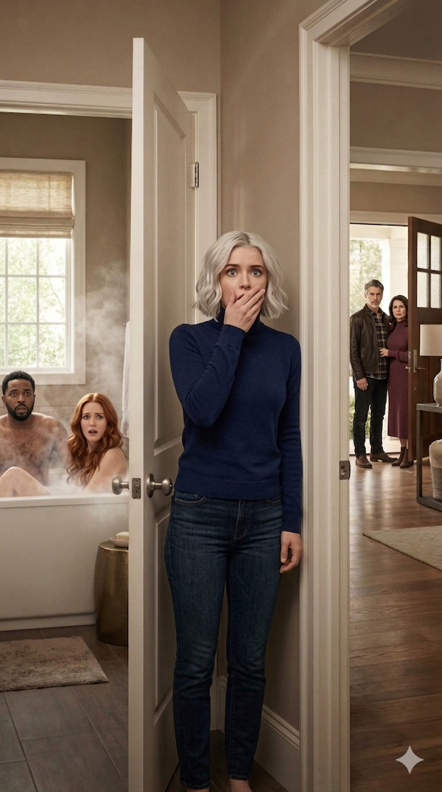 Wróciłam wcześniej do domu i usłyszałam śmiech dochodzący z łazienki. Kiedy otworzyłam drzwi, mój mąż był w wannie… z moją najlepszą przyjaciółką. Zamknęłam ich w domu, chwyciłam telefon i zadzwoniłam do jej męża. „Musisz tu być, עכשיו – natychmiast”. Kilka minut później pojawił się w moich drzwiach. Ale kiedy zobaczyłam, kto wyszedł obok niego, serce mi prawie stanęło. Wtedy zdałam sobie sprawę, że ta zdrada była jeszcze większa, niż sobie wyobrażałam…