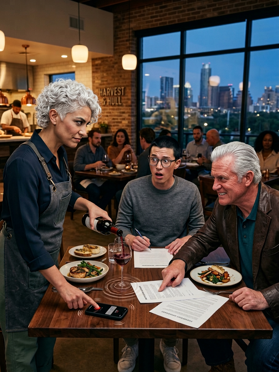MÓJ ODSKRZESZONY TATA WSZEDŁ DO MOJEJ RESTAURACJI W AUSTIN, JAKBY BYŁA JEJ WŁAŚCICIELEM, USIADŁ PRZY MOIM NAJLEPSZYM STOLIKU I POWIEDZIAŁ: „DZIŚ WIECZOREM PRZEKAZUJESZ PONAD 15% SWOJEMU BRATU” – POTEM ZAGRAŻYŁ, ŻE ZADZWONI DO WŁAŚCICIELA I „BARDZO UTRUDNI CI ŻYCIE”. NIE KRZYCZAŁEM. NALEWAŁEM IM WINO, UŚMIECHNĄŁEM SIĘ I POWIEDZIAŁEM: „OK… ALE MÓJ KSIĘGOWY POTRZEBUJE TEGO DO ZAPISÓW”. POŁOŻYŁEM TELEFON NA STOLE, WCISNĄŁEM NAGRYWANIE I ZMUSIŁEM GO, ŻEBY POWIEDZIAŁ GŁOŚNO JEDEN FRAGMENT „STAREJ POŻYCZKI RODZINNEJ”… POTEM PRZESUNĄŁEM PAPIERY PO STOLE — I WŁAŚNIE WTEDY, GDY MÓJ BRAT WZIĄŁ DŁUGOPIS, MÓJ TELEFON ZAWIBRAŁ WIADOMOŚCIĄ, KTÓRA SPRAWIŁA, ŻE MÓJ ŻOŁĄDEK ZATRZYMAŁ SIĘ…