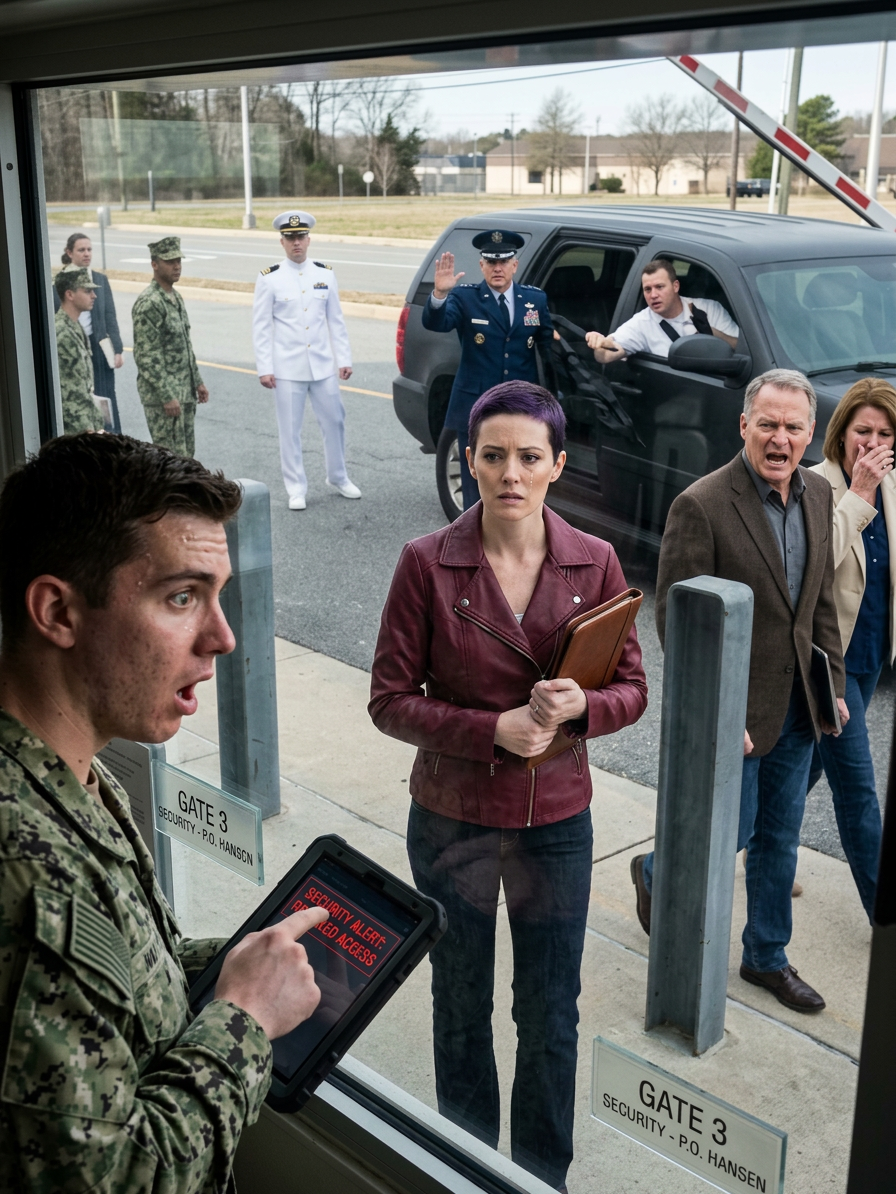 MY BROTHER WAS PROMOTED TO COMMANDER—AND I GOT STOPPED AT THE NAVY GATE LIKE A RANDOM STRANGER. THE PETTY OFFICER KEPT TAPPING HIS TABLET, THEN SAID, “SORRY, MA’AM… YOU’RE NOT ON COMMANDER MARCUS CARTWRIGHT’S LIST,” WHILE MY PARENTS WALKED RIGHT PAST ME SMILING LIKE THEY’D JUST ERASED ME AGAIN. THEN MARCUS STROLLED IN, PERFECT IN HIS WHITE UNIFORM, AND MURMURED, “LEAH FORGOT TO RSVP… SOME PEOPLE NEVER LEARN THE CHAIN OF COMMAND.” I JUST STEPPED INTO THE SHADOWS—UNTIL A BLACK GOVERNMENT SUV ROLLED UP, A STEEL-HAIRED ADMIRAL STEPPED OUT, AND SAID ONE SENTENCE THAT MADE EVERY HEAD TURN: “STAND DOWN… SHE’S NOT ON YOUR LIST BECAUSE HER CLEARANCE OUTRANKS YOURS.” THEN HE LOOKED STRAIGHT AT ME, RAISED HIS HAND… AND CALLED ME BY A TITLE MY FAMILY HAD NEVER ONCE SPOKEN OUT LOUD…