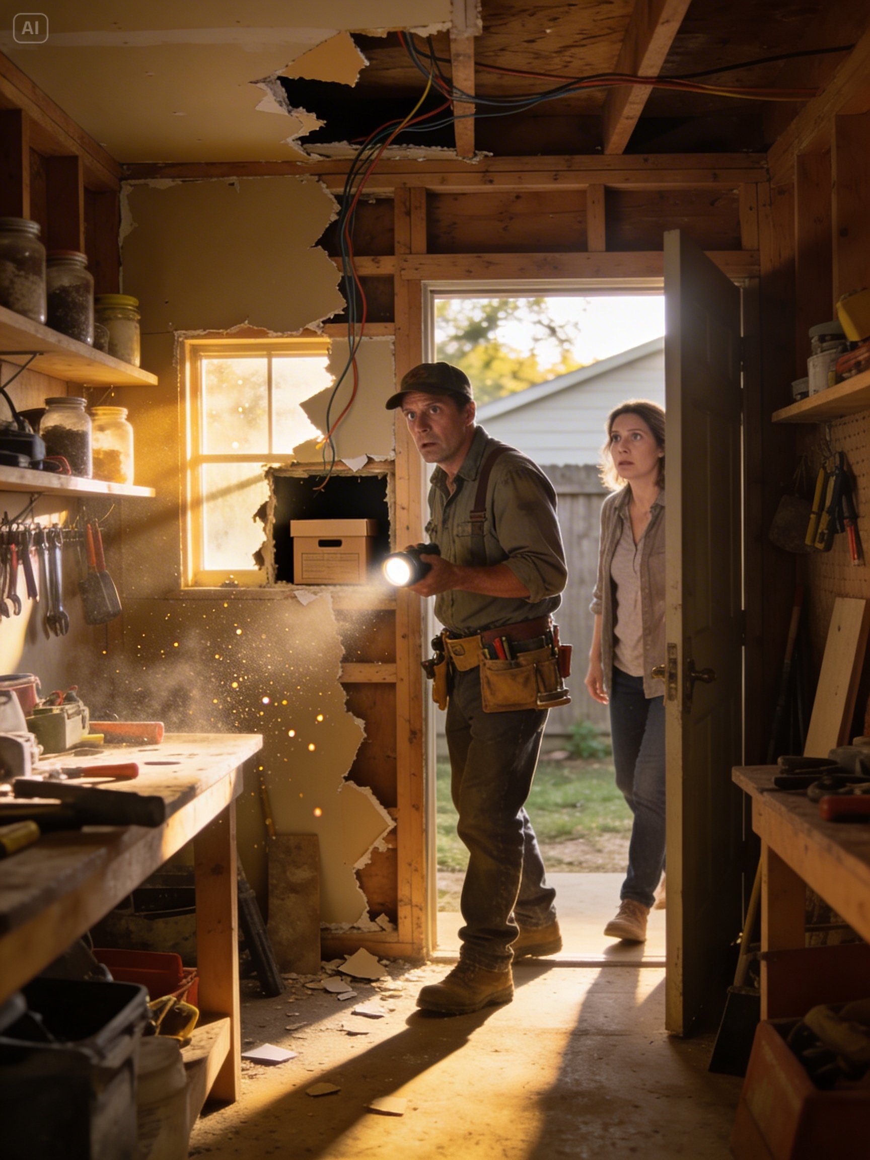 Vuotta vaimoni kuoleman jälkeen palkkasin sähköasentajan sähköasentamaan hänen vanhan työpajansa uudelleen. Kun hän soitti ja sanoi: “Tule kotiin heti. Löysin jotakin seinästä piilotettua… mutta tule yksin”, kiiruhdin paikalle. Kun saavuin perille, jähmetyin näkemääni.
