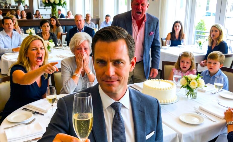 Posadzili moje dzieci z tyłu podczas urodzin jej taty – po tym, jak przyleciałem i zapłaciłem za hotel. Jej siostra uśmiechnęła się złośliwie: „Twoje dzieci tu nie pasują”. Jej mama skinęła głową. Uniosłem kieliszek i powiedziałem: „20 sekund”. O 5 jej brat zasłonił usta. O 10 jej tata wstał. O 20 jej mama wyszeptała: „Czy to prawda?”….