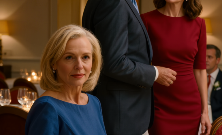 På sønnens bryllupsmiddag reiste mannen min seg, løftet glasset og sa: «Dette er slutten for oss. Jeg har funnet en annen.» Sekretæren hans satt overfor meg og smilte, mens hele rommet ble stille. Jeg lente meg inn og sa: «Takk for advarselen,» skjøv en hvit konvolutt ved siden av tallerkenen hans, og gikk ut før han innså at kvelden ikke lenger kom til å ende slik han hadde planlagt.