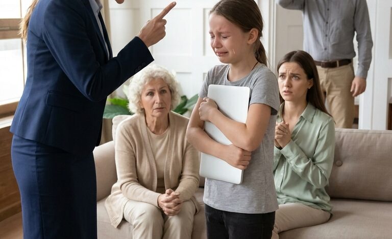 Éjszakai jelenet meleg lámpafénnyel egy kényelmes külvárosi nappaliban. Egy vörös hajú, sötétzöld kabátot viselő mostohaanya dühösen kioktat egy kislányt, aki egy tabletet tart a kezében egy fa dohányzóasztal közelében. A lány ijedtnek és zavartnak tűnik. Egy krémszínű kanapén egy idős nagymama, egy piros kapucnis kisfiú és egy másik nő ül. Hirtelen az apa megjelenik mögöttük az ajtóban, és megdermed, megdöbben. Mindenki elhallgat, és a szoba elcsendesedik. Drámai családi pillanat, filmes realizmus.